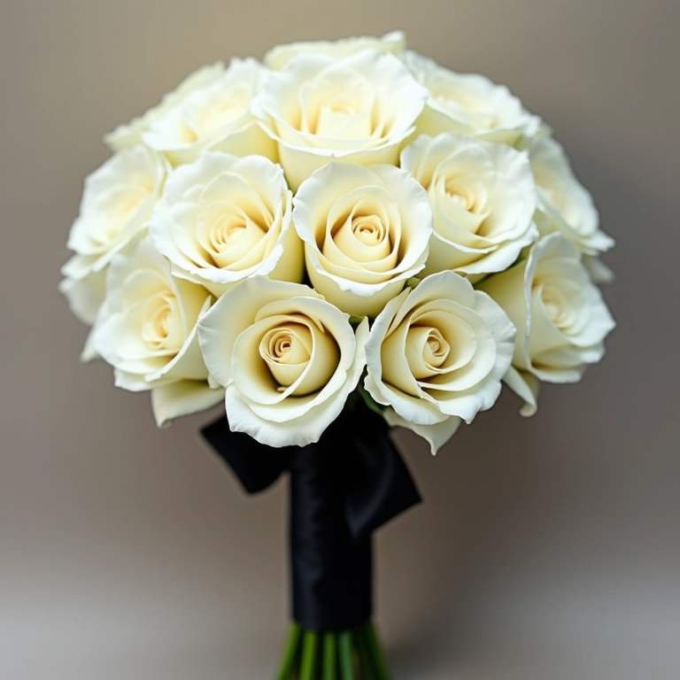 Buquê de rosas brancas com fita preta para casamento.