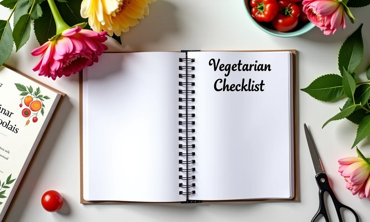 Caderno com o título 'Checklist de Casamento Vegetariano' aberto sobre uma mesa.