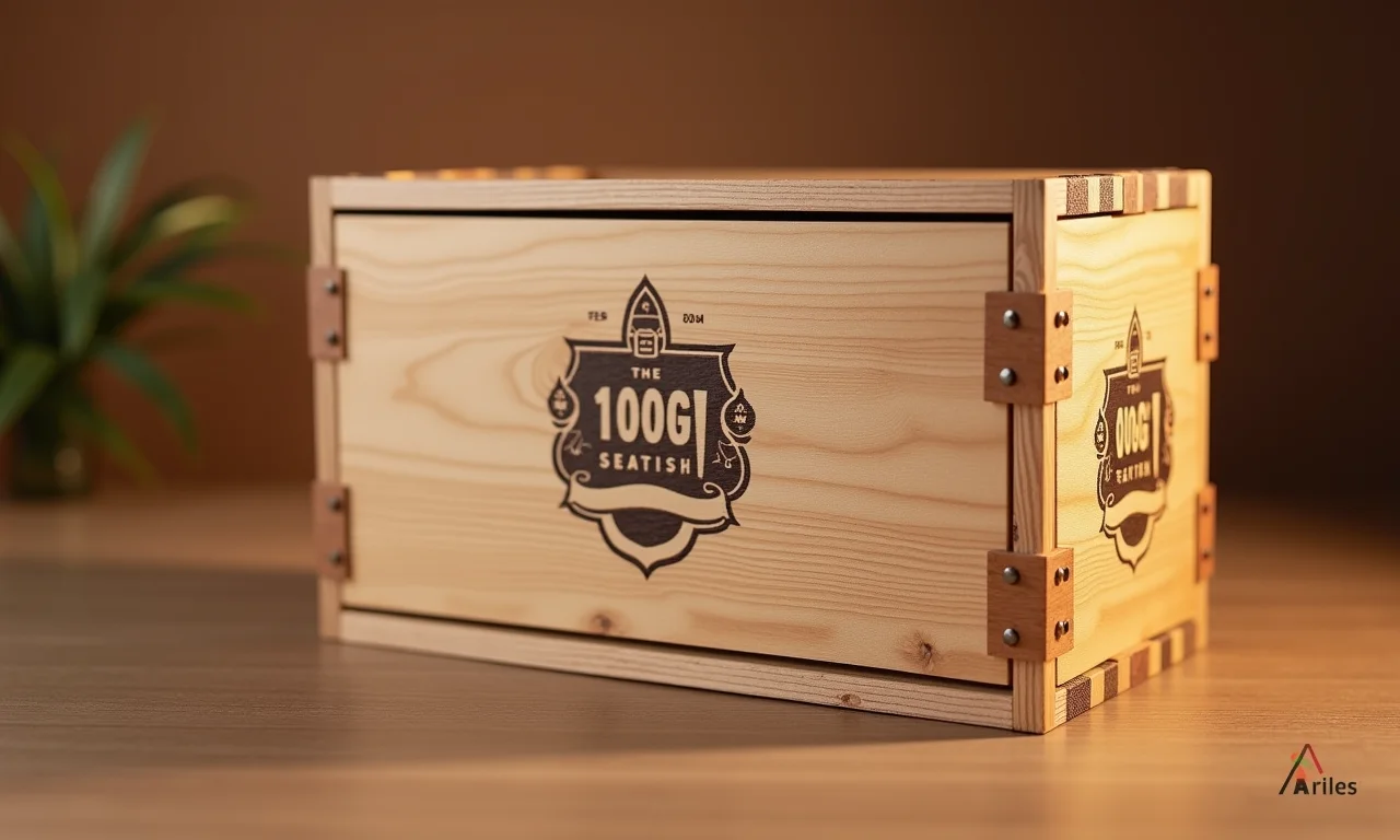 Caixa de madeira personalizada com logo da empresa em evento corporativo.