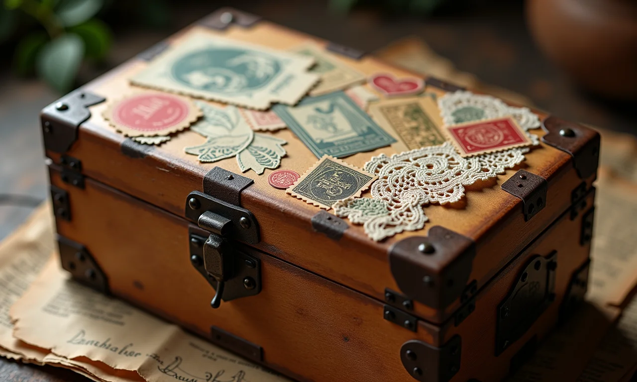 Caixa de madeira vintage decorada com selos antigos, renda e papel envelhecido.