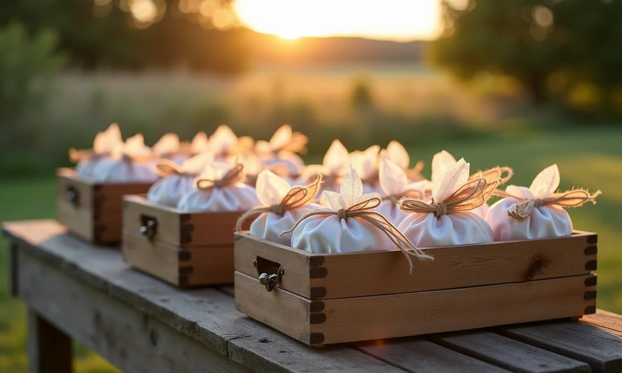 Caixas de madeira rústicas exibindo lembrancinhas em casamento campestre.