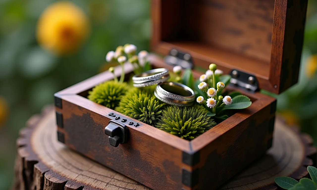 Caixinha de madeira rústica com alianças.