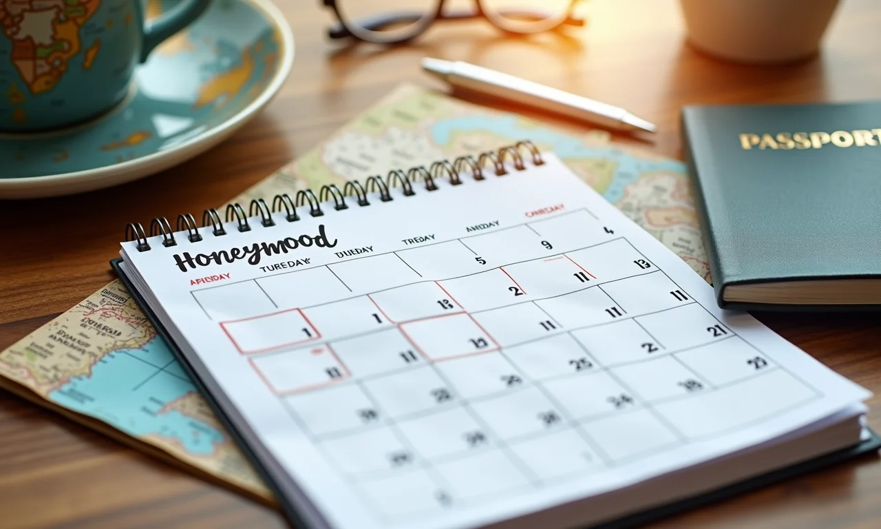 Calendário com datas da lua de mel marcadas e guia de viagem.