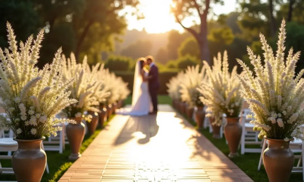 Caminho da noiva decorado com flores brancas e iluminação suave.