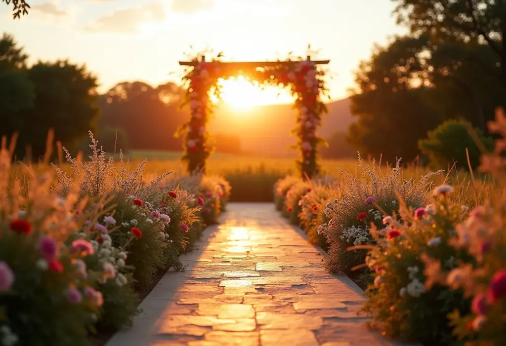 Caminho de flores em casamento rústico no Brasil