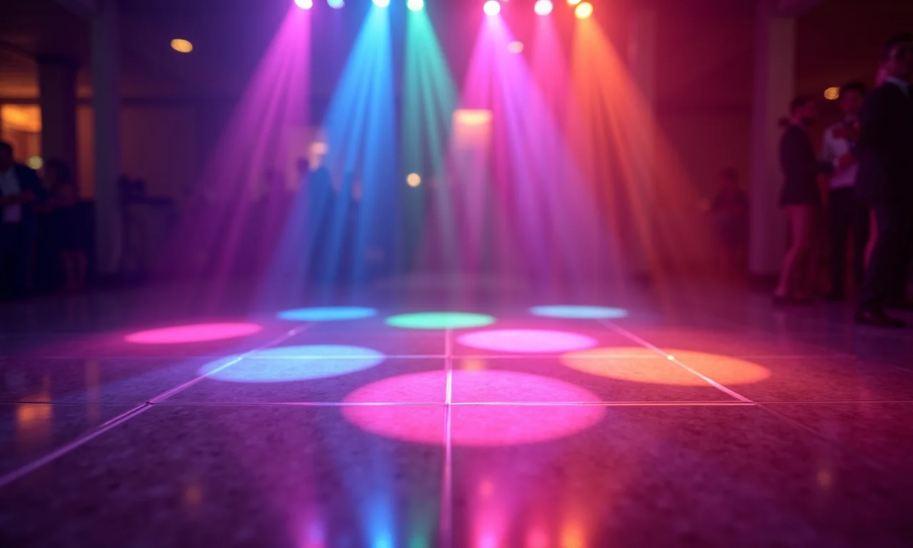 Canhões de luz coloridos em uma pista de dança de casamento.