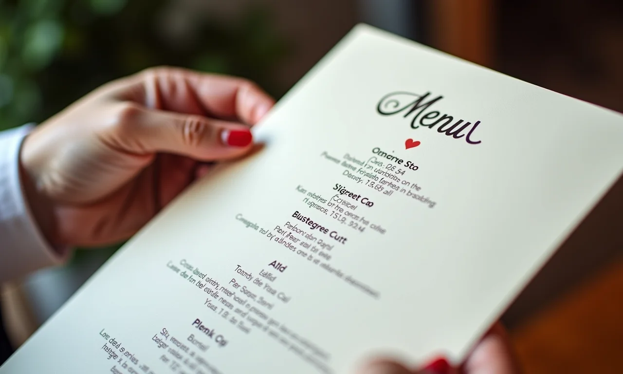 Cardápio de casamento em restaurante com opções gourmet.