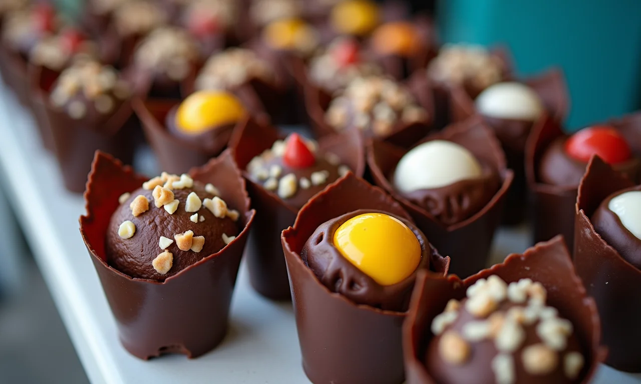 Carrinho de brigadeiro com cones trufados de chocolate e recheios variados.