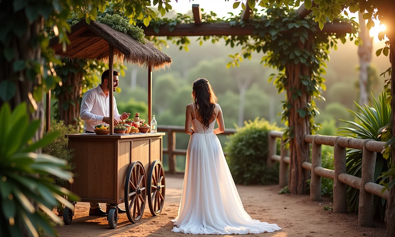 Carrinho de brigadeiro elegante em casamento com decoração brasileira.