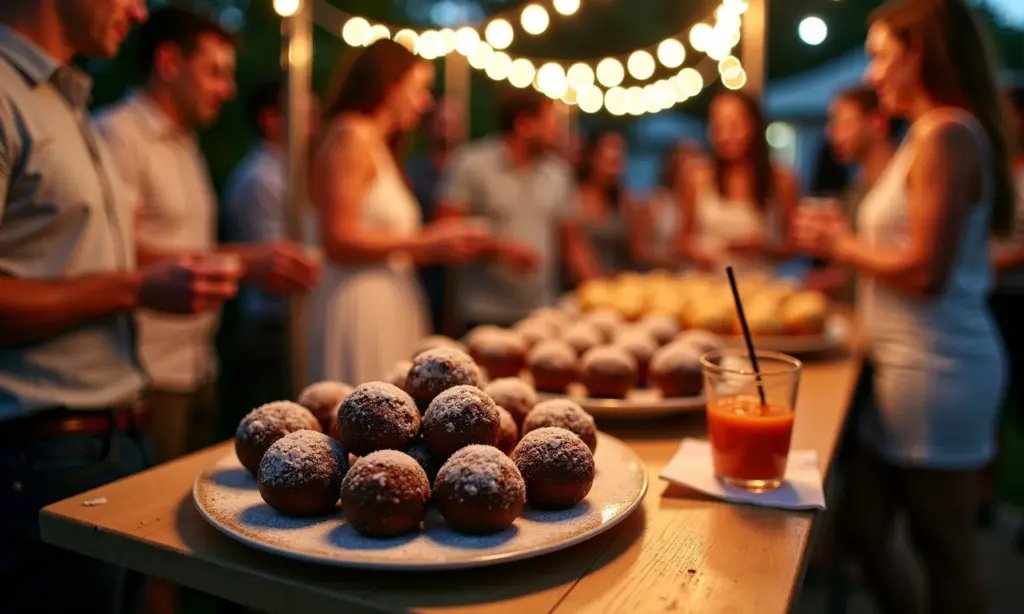 Carrinho de Brigadeiro: Doçura e Interação na Festa Carrinho de brigadeiro em festa brasileira, repleto de doces e convidados.