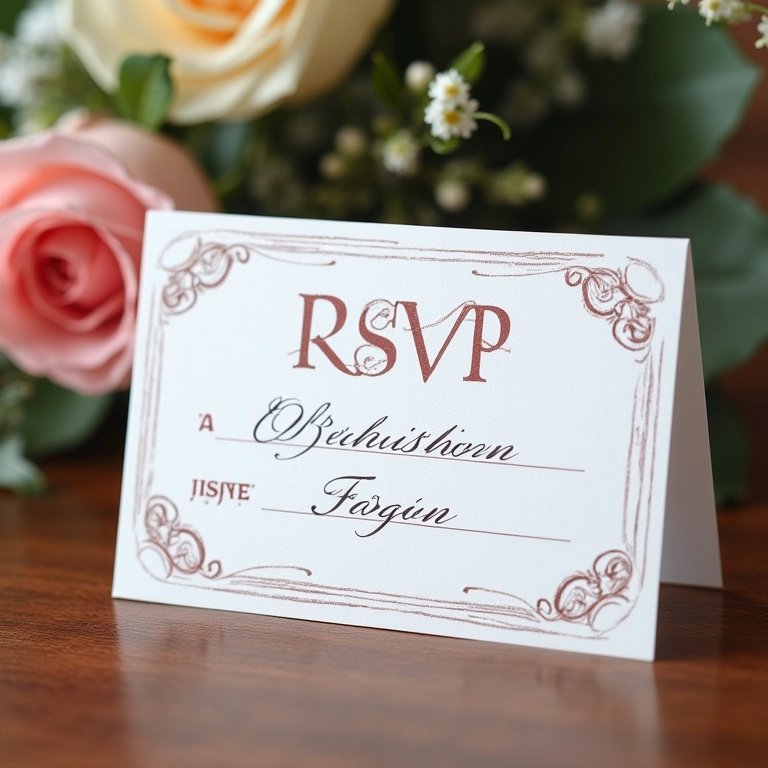 Cartão de RSVP de casamento elegante com resposta manuscrita.