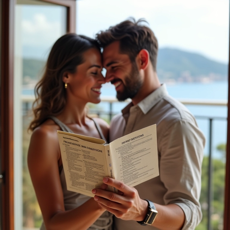 Casal abraçado lembrando detalhes importantes da lua de mel.