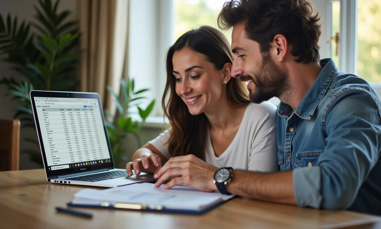 Casal analisando planilha de orçamento de viagem no laptop para planejar os custos da lua de mel em Londres.