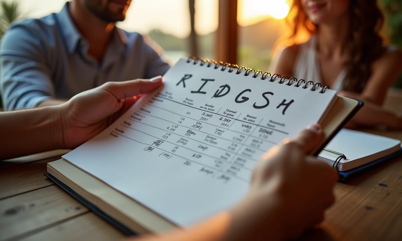 Casal analisando tabela de custos para lua de mel em Angra dos Reis.