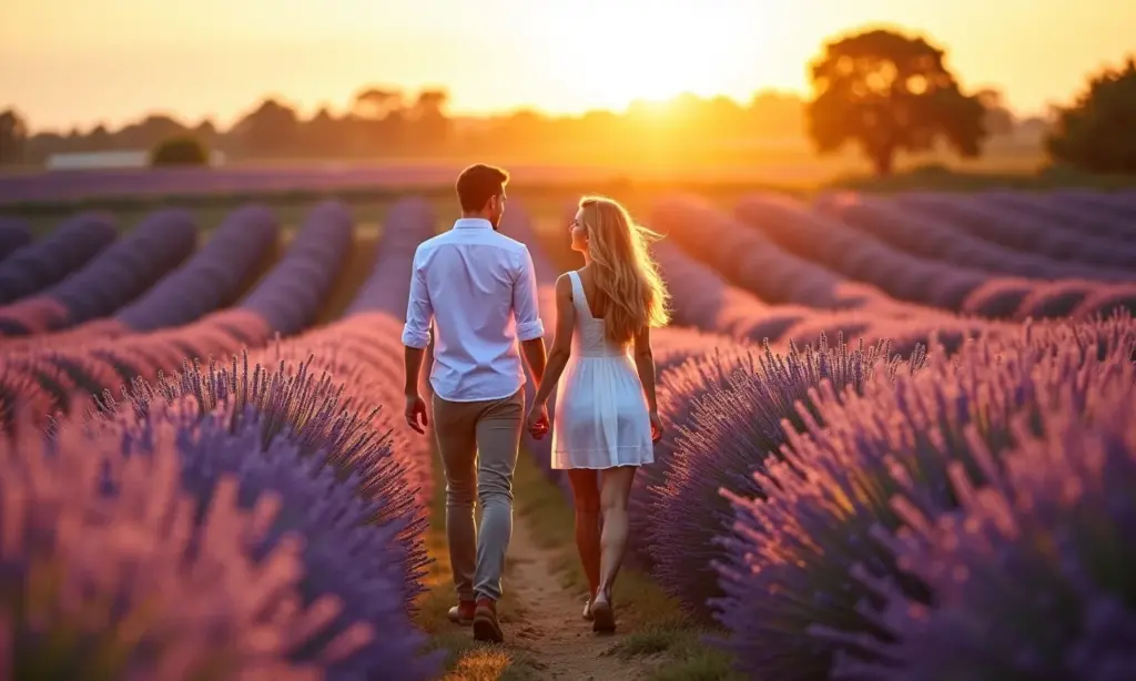 Casal apaixonado caminhando em campos de lavanda na Provence.