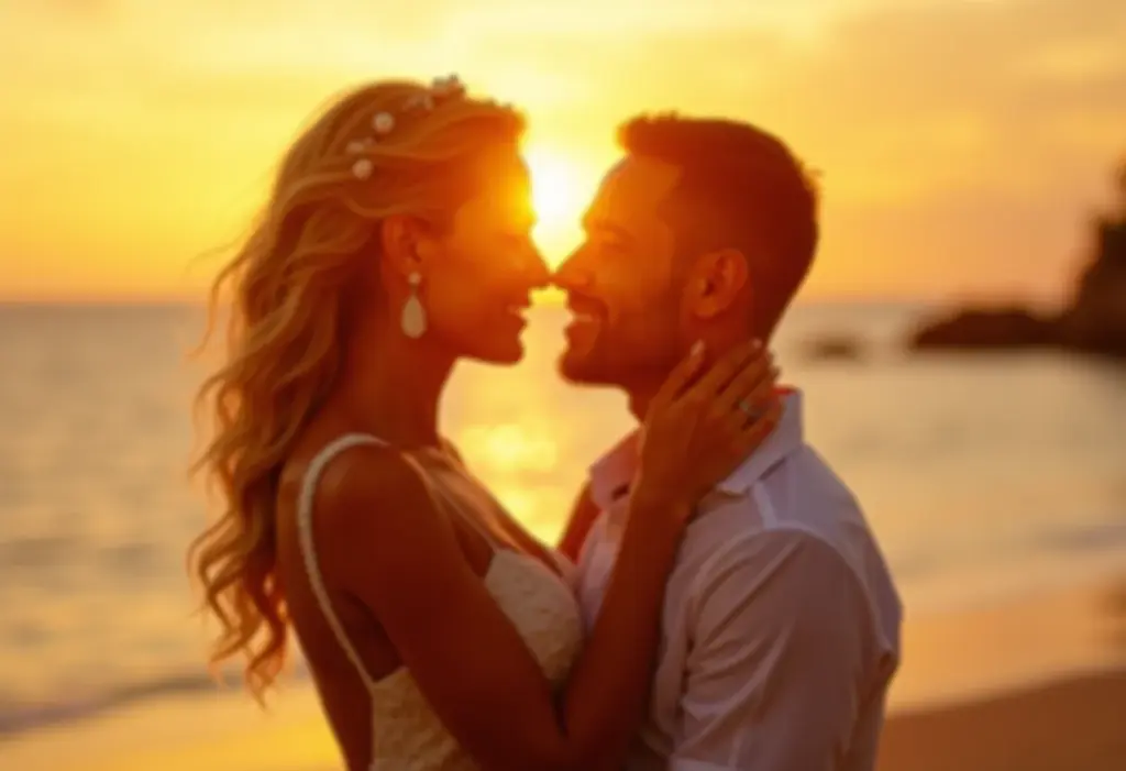 Casal apaixonado curtindo o pôr do sol na Praia do Forte em lua de mel