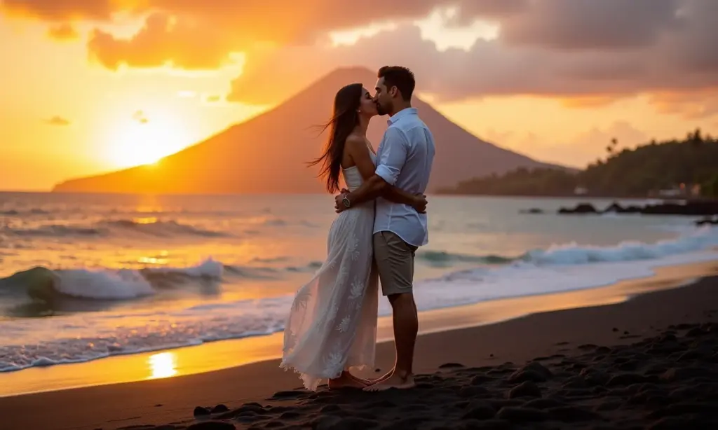 Casal apaixonado em praia de areia preta no Havaí ao pôr do sol, vulcão ao fundo.
