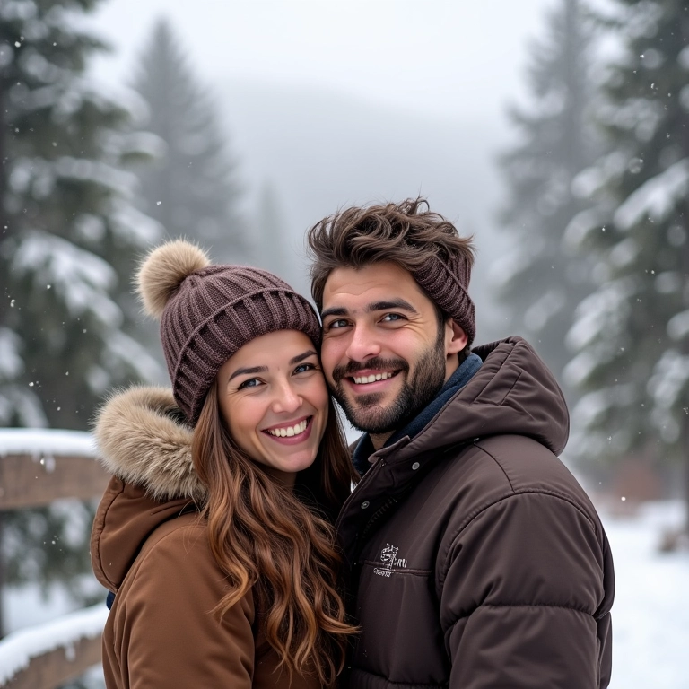 Casal aproveitando o inverno em Gramado com pousada charmosa ao fundo.