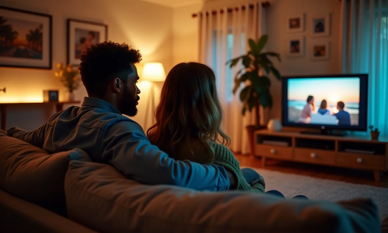 Casal assistindo fotos projetadas em uma noite de cinema em casa.