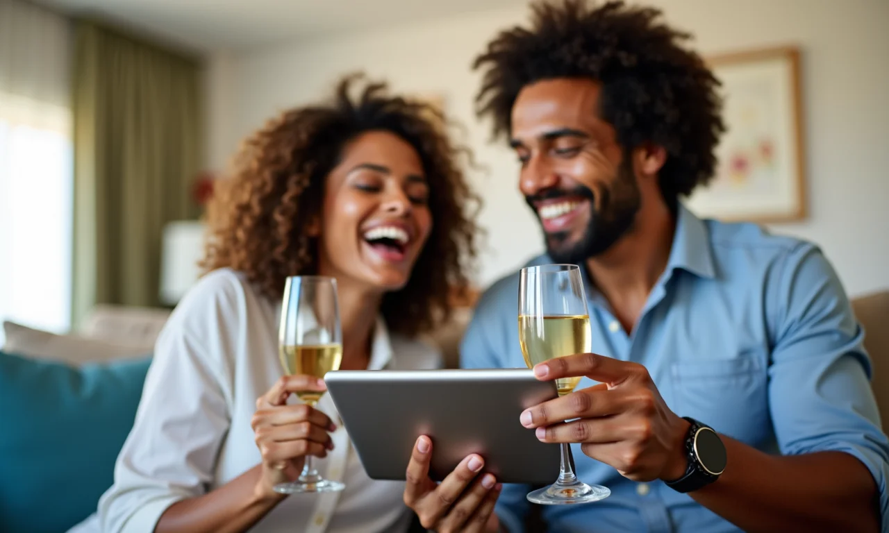 Casal brasileiro feliz celebrando o dinheiro que sobrou das cotas de lua de mel.