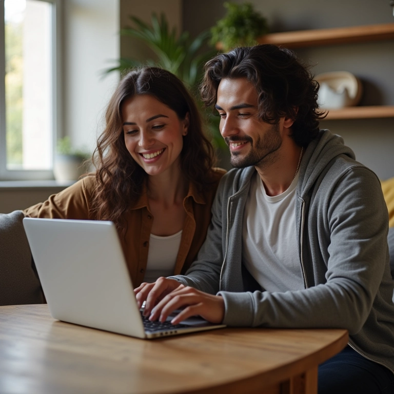 Casal brasileiro moderno escolhendo presentes de casamento online.