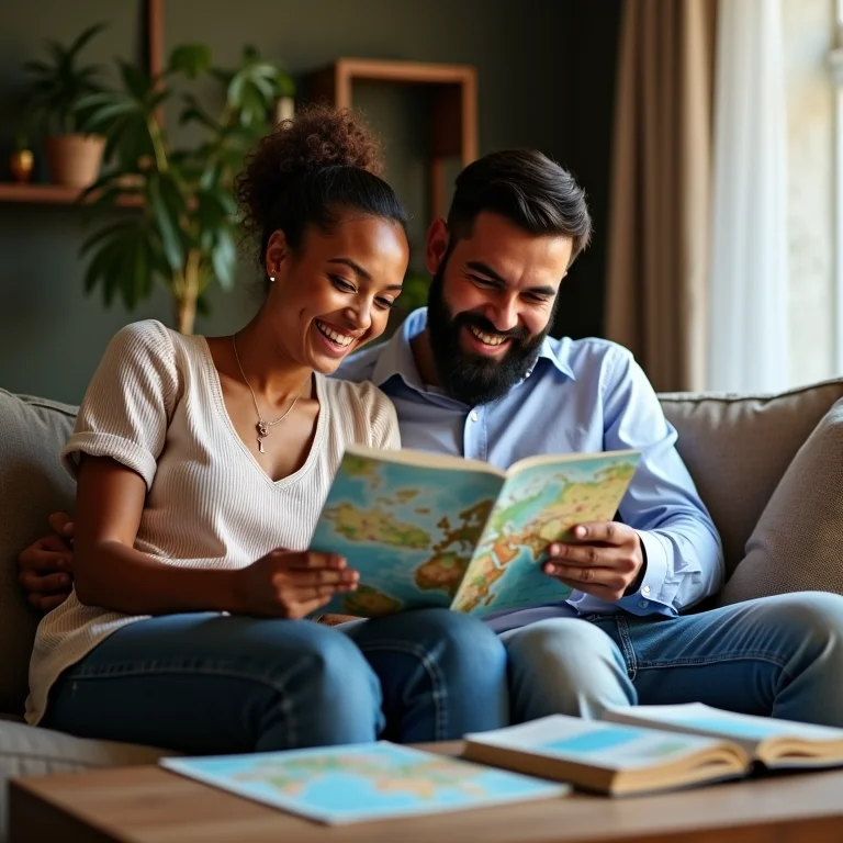 Casal brasileiro planejando a lua de mel com antecedência