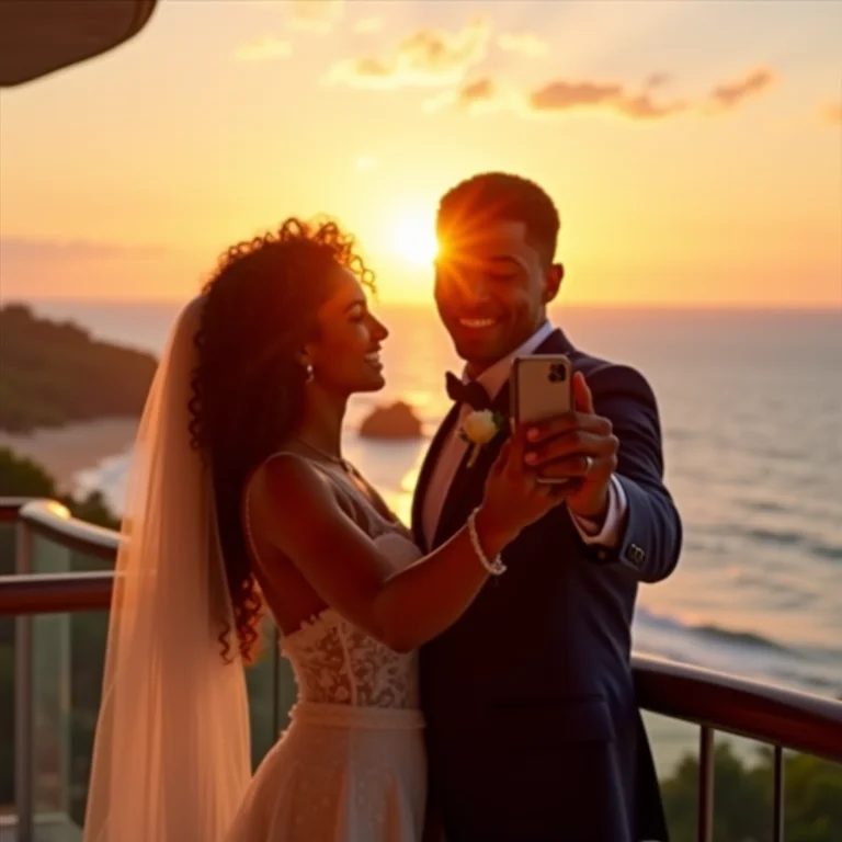Casal brasileiro tirando selfie com vista do mar em lua de mel