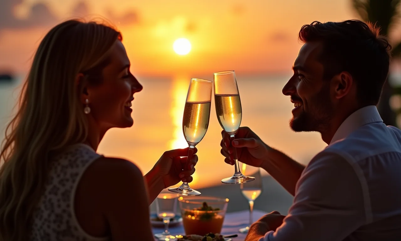 Casal brindando ao pôr do sol nas Maldivas em lua de mel.