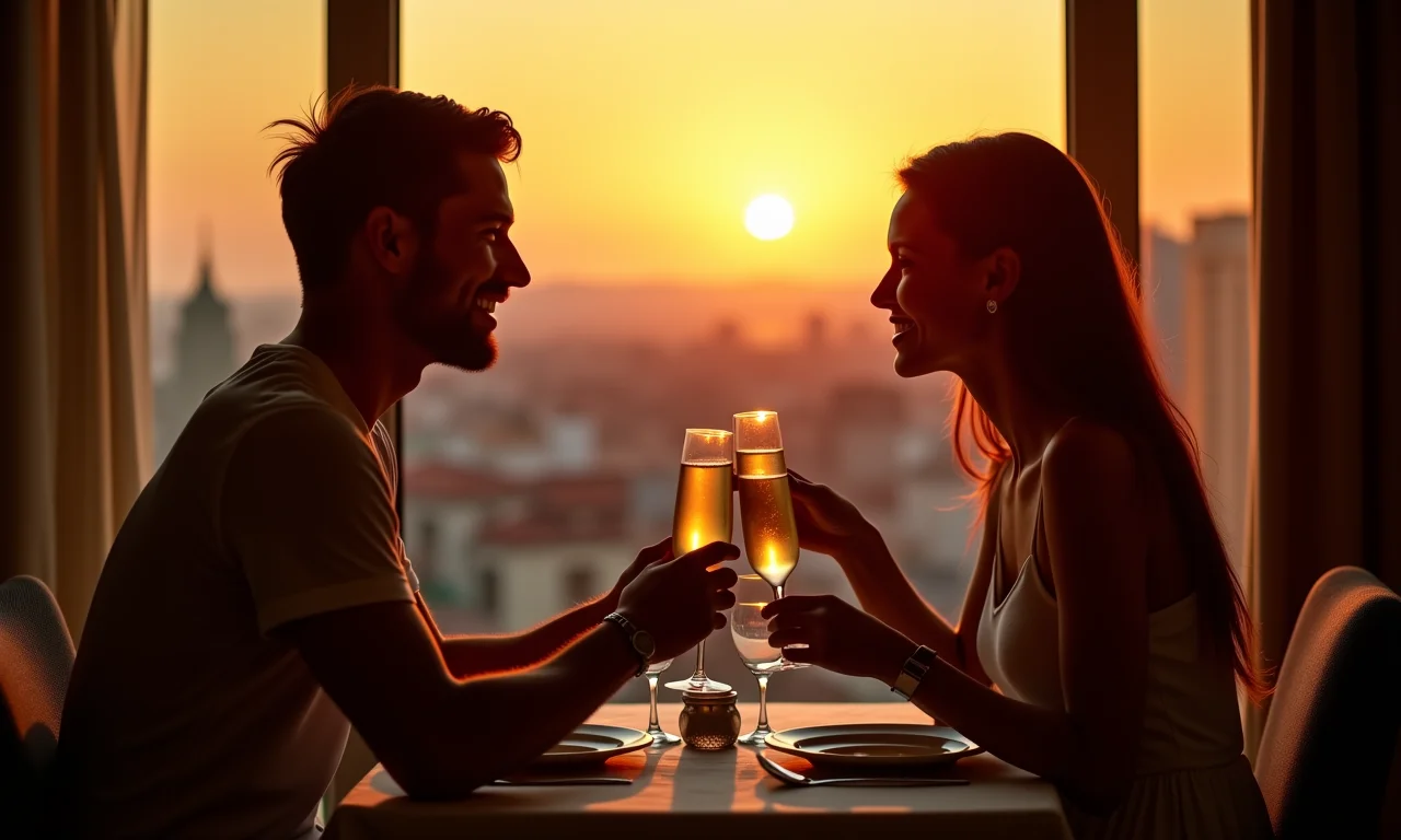 Casal brindando em jantar romântico em suíte de hotel ao pôr do sol.
