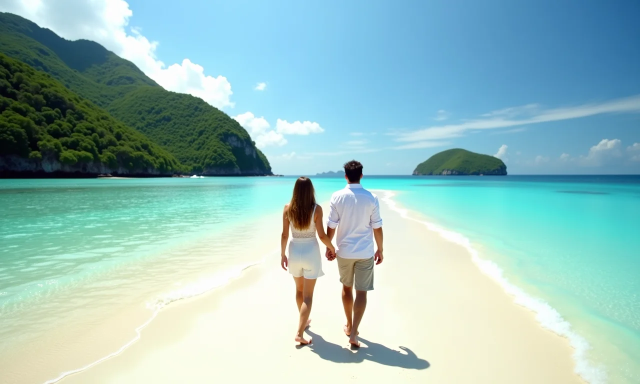 Casal caminhando em praia paradisíaca em Angra dos Reis.