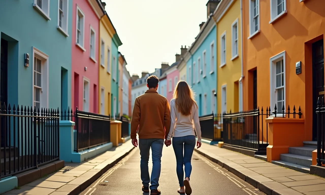 Casal caminhando pelas ruas coloridas de Notting Hill, um dos melhores bairros para se hospedar em Londres.