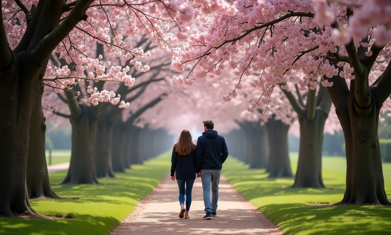 Casal caminhando sob cerejeiras em flor no Kew Gardens, Londres, na primavera.