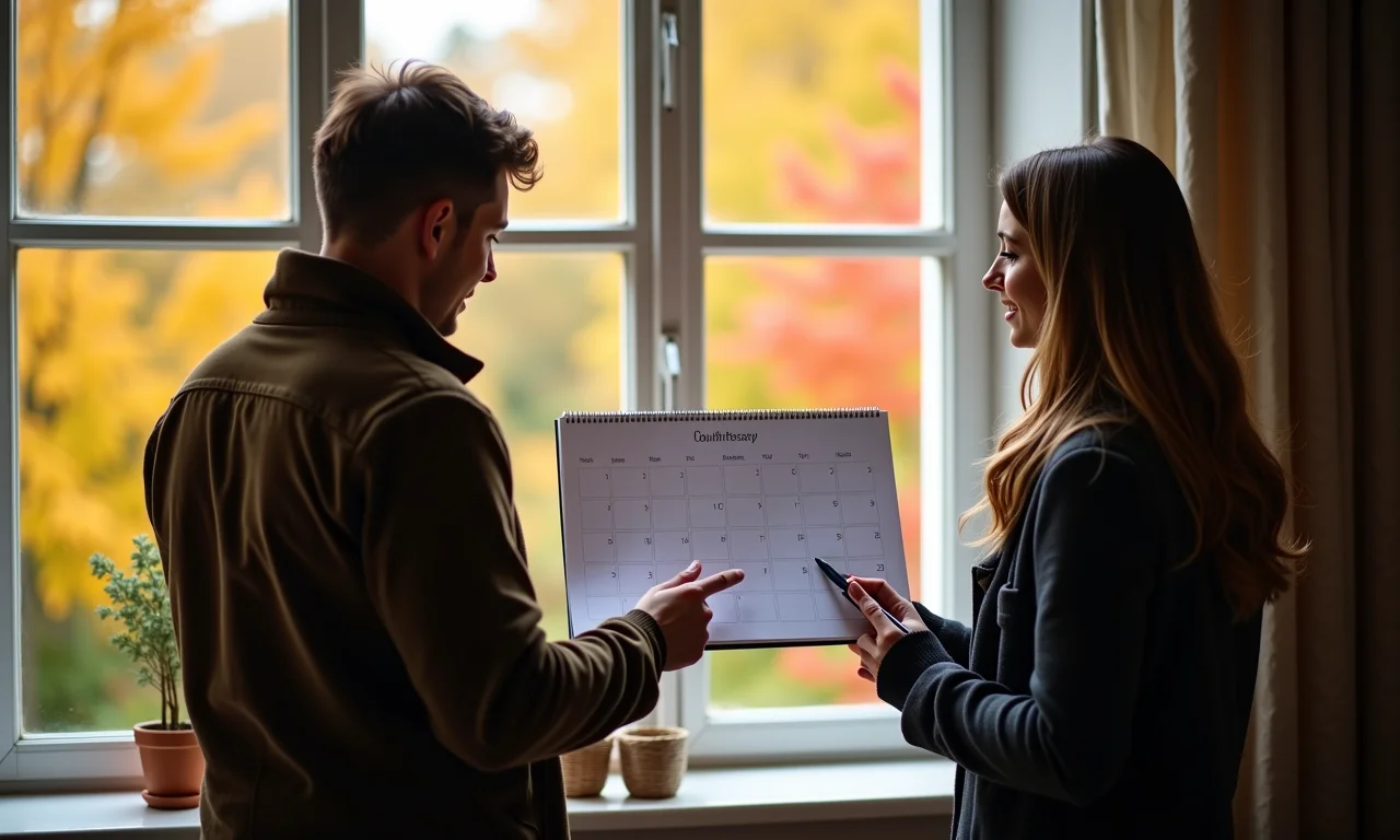 Casal consultando calendário para data de casamento fora de temporada.