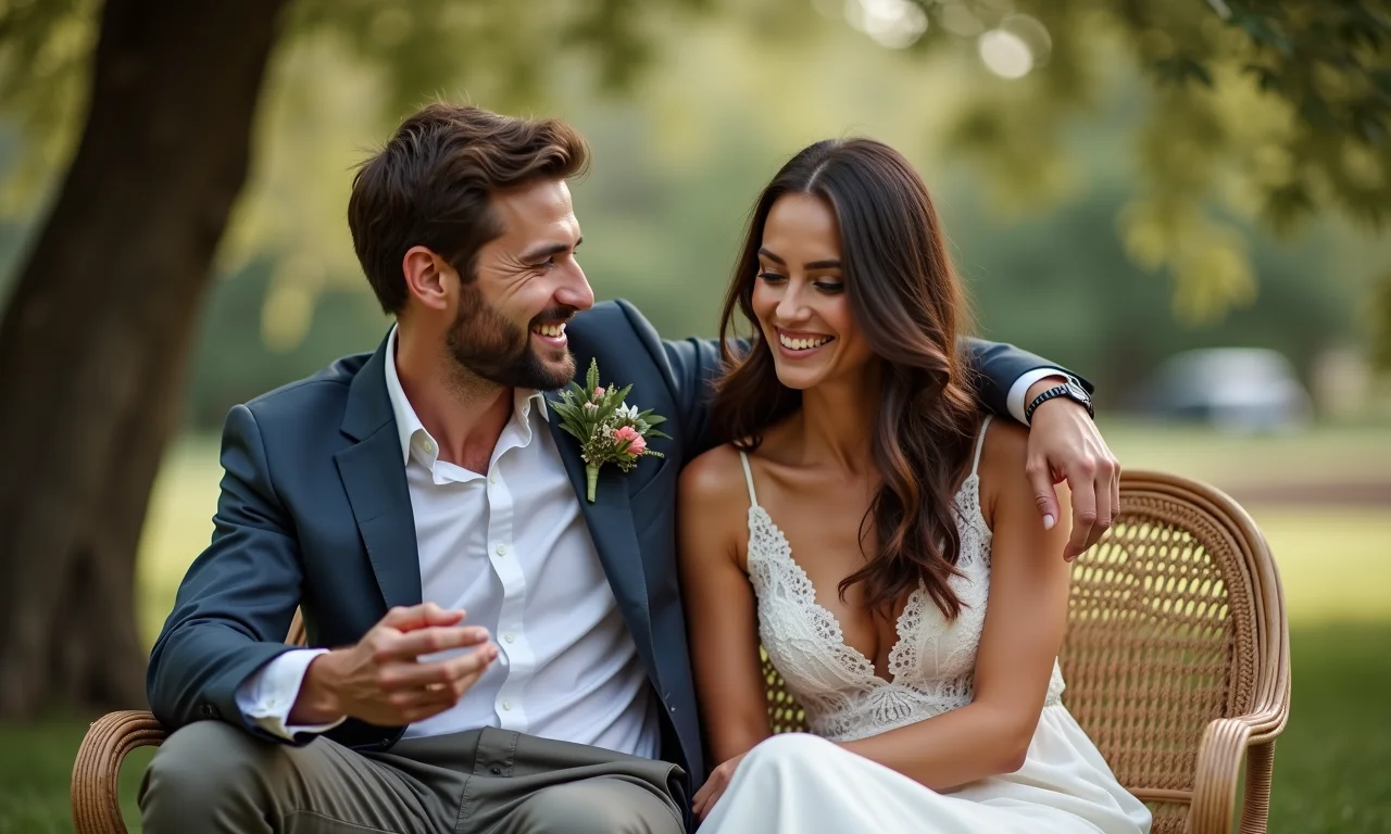 Casal conversando com celebrante amigo sobre plano de casamento.