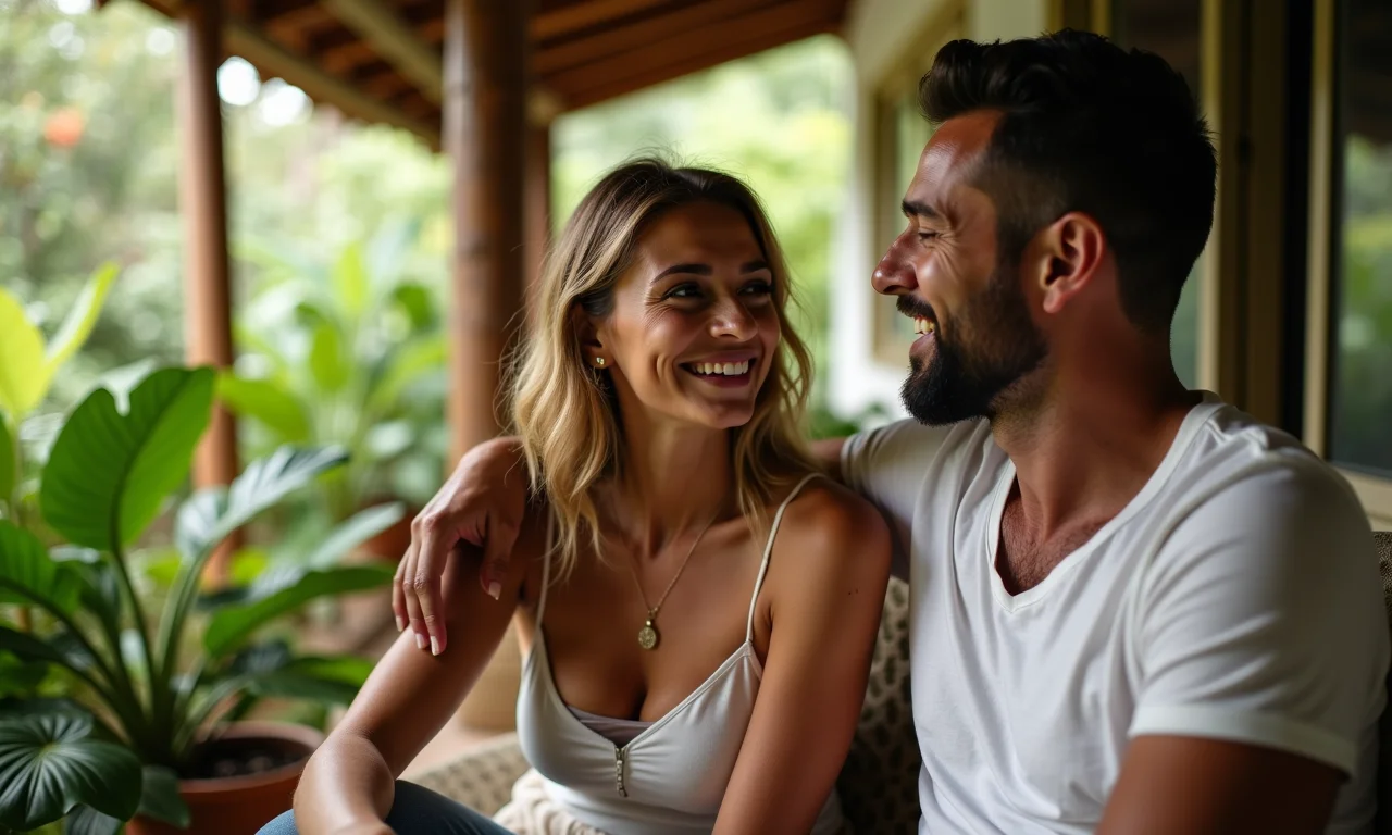 Casal conversando sinceramente em varanda aconchegante, expressando sentimentos.