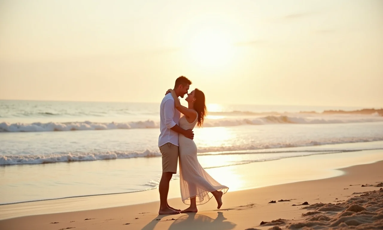Casal curtindo a lua de mel na praia, pés na areia, abraço romântico.