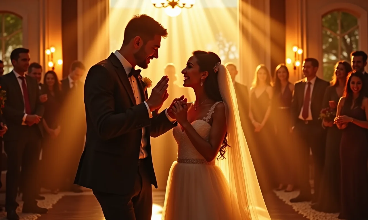 Casal dançando ao som de música personalizada no cortejo de saída.