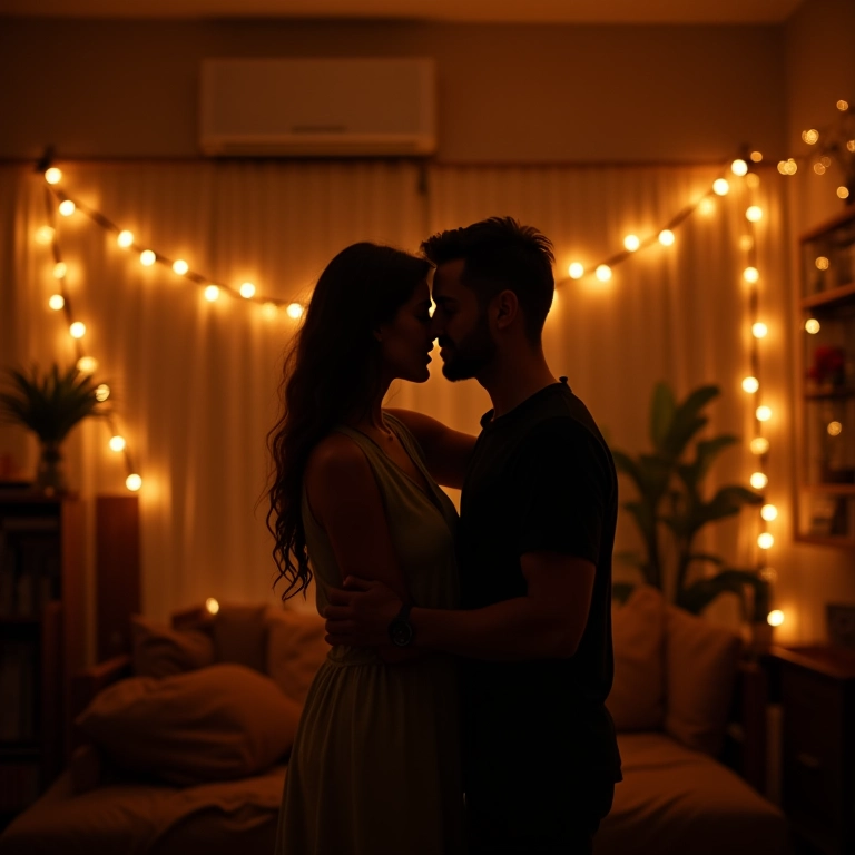 Casal dançando em sala iluminada por luzes em clima romântico.