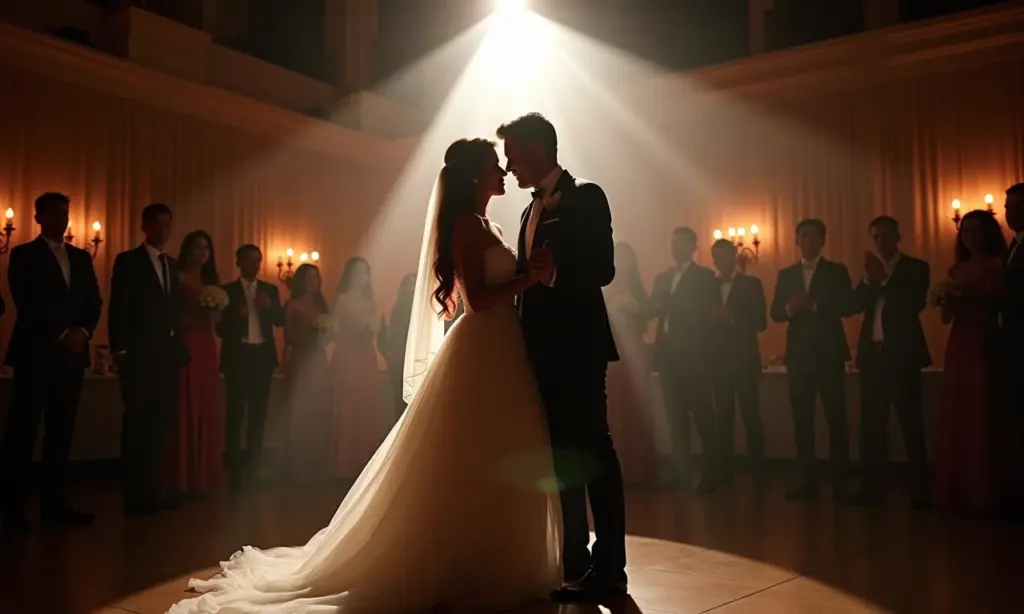 Casal dançando sob canhões de luz em recepção de casamento.