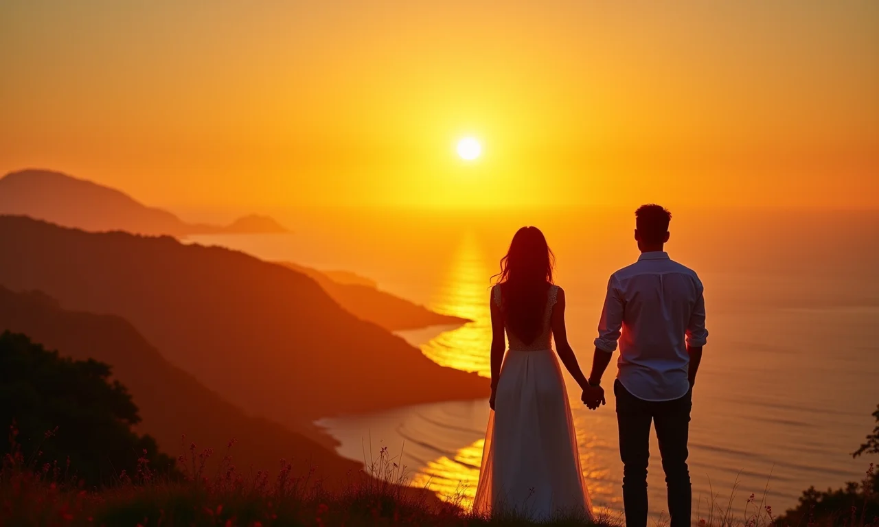 Casal de mãos dadas admirando o pôr do sol após renovação de votos.