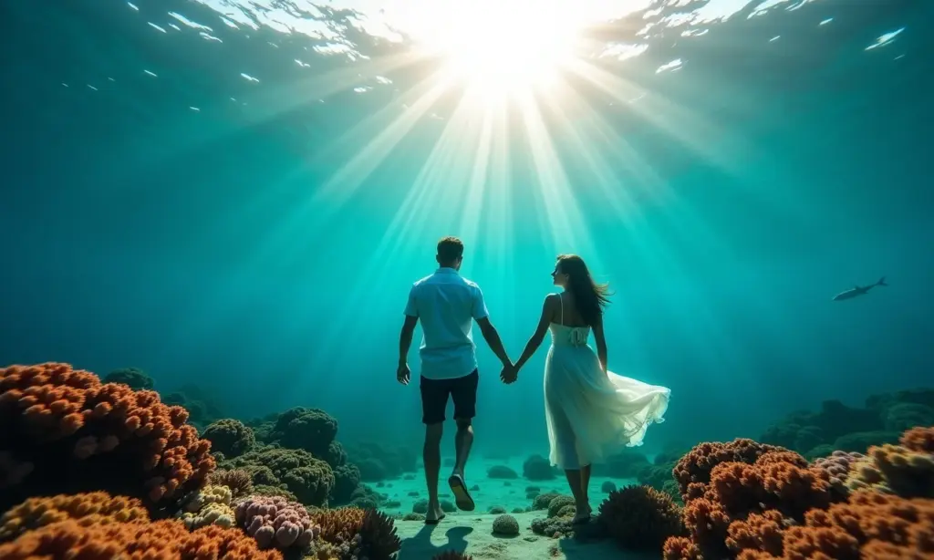 Casal de mãos dadas no mar cristalino durante a lua de mel.