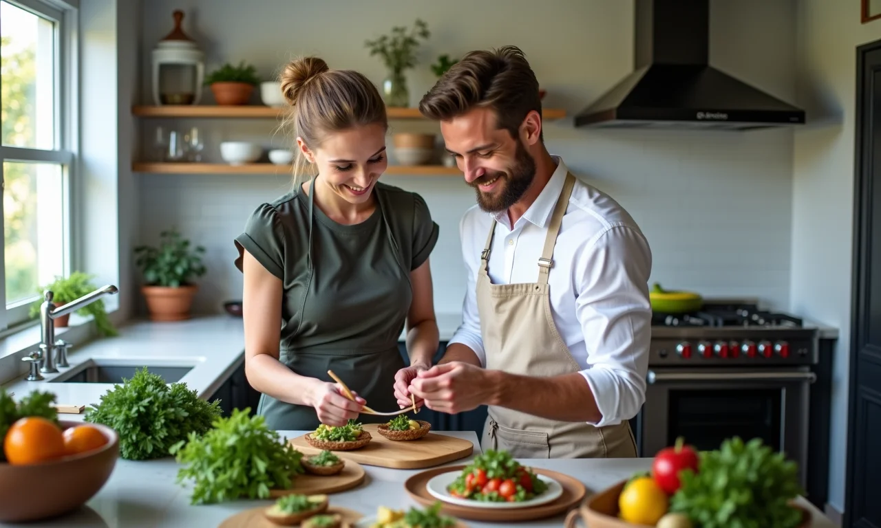 Casal discute opções de menu vegetariano de casamento com um chef em cozinha moderna.