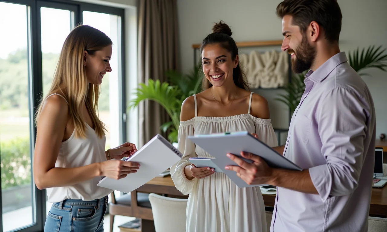 Casal discutindo detalhes do casamento com a assessora.