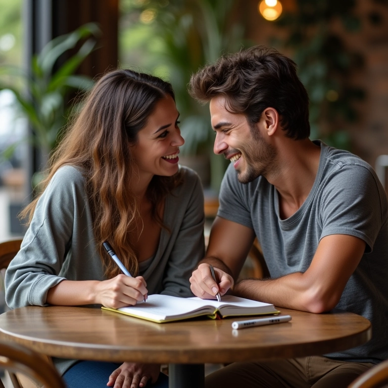 Casal discutindo o que escrever no diário de viagem em Paraty.