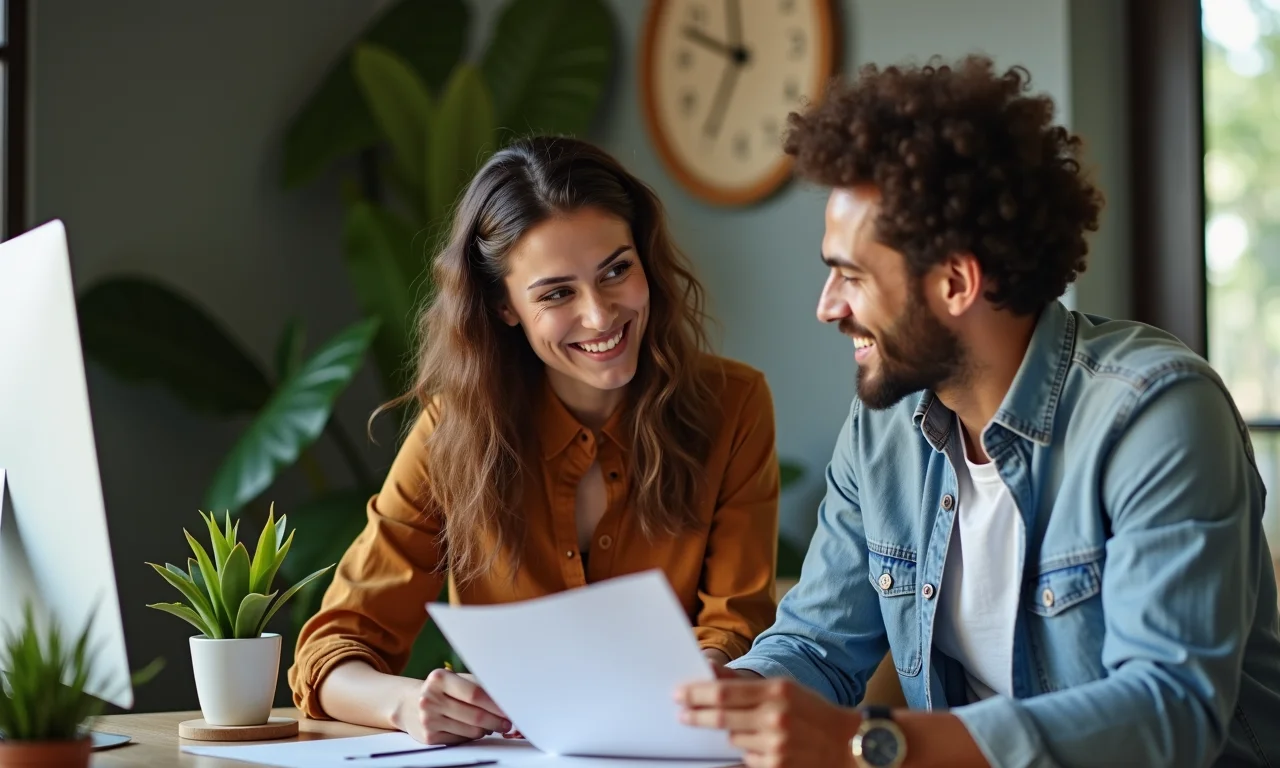 Casal diverso consultando cerimonialista em escritório com estilo brasileiro.