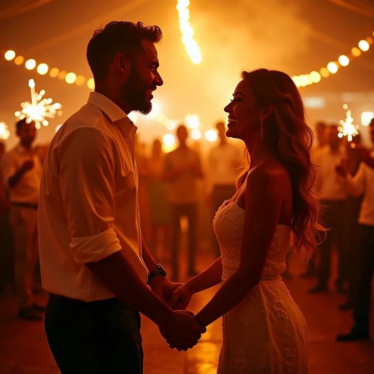Casal diverso e sorridente comemorando o casamento com tema Carnaval de Veneza, segurando sparklers na pista de dança
