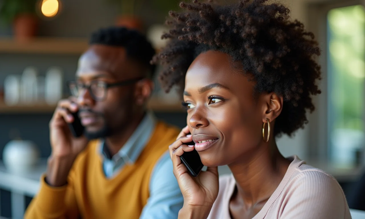 Casal diverso estressado recebendo ligação sobre cancelamento de fornecedor.