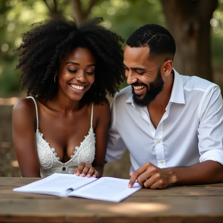 Casal diverso revisando os gastos essenciais do casamento