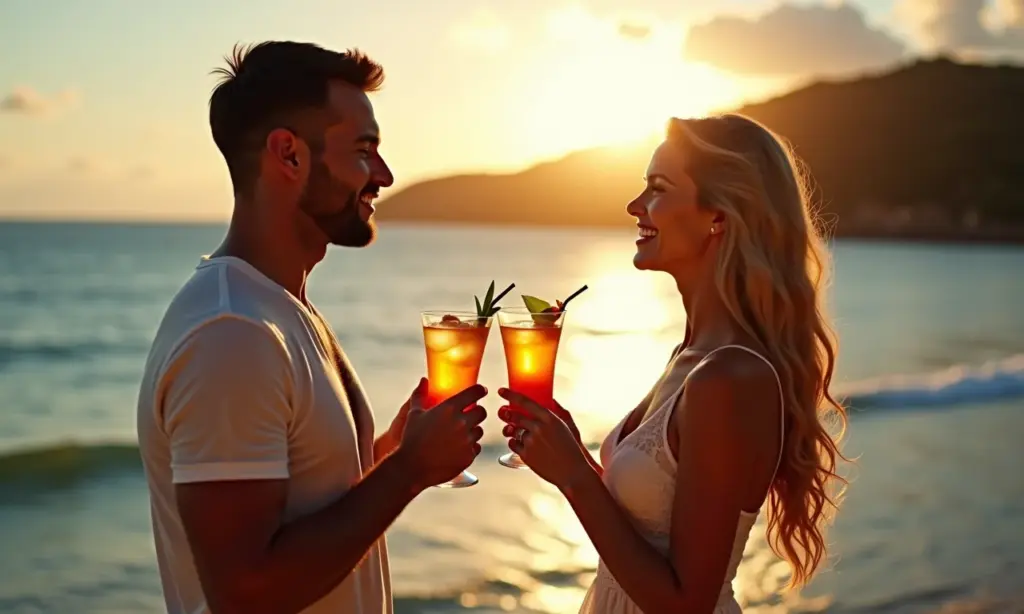 Casal em lua de mel brindando em Angra dos Reis com vista para ilhas paradisíacas.