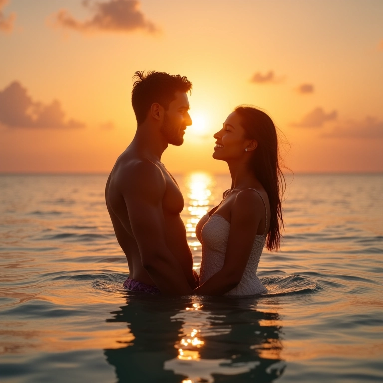 Casal em lua de mel em praia tropical paradisíaca.